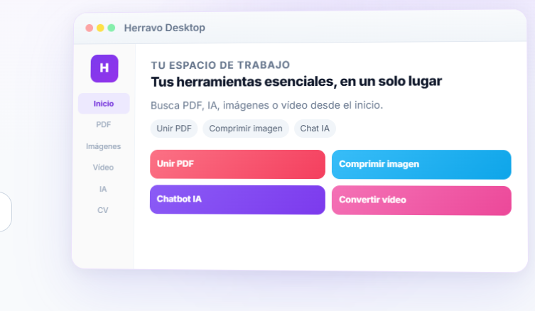 Captura de Herravo Desktop: inicio con PDF, imágenes, vídeo e IA